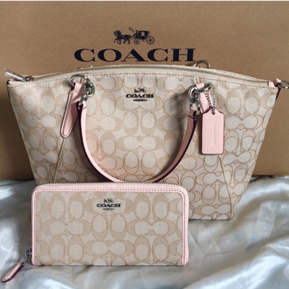 NWT Coach Kelsey Khaki Pink Tote & Wallet Set